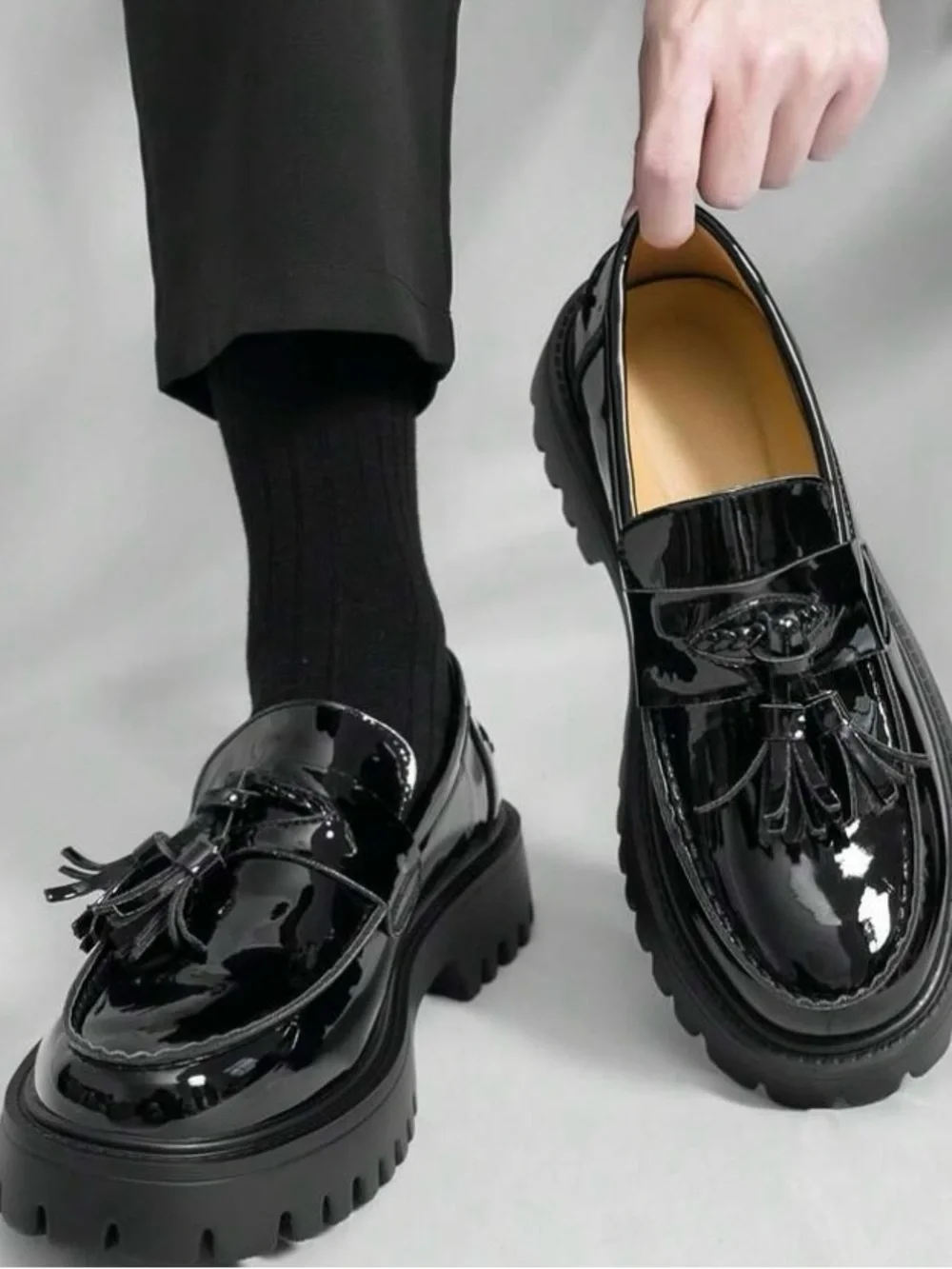 Glossy Black Tassel Platform Loafers